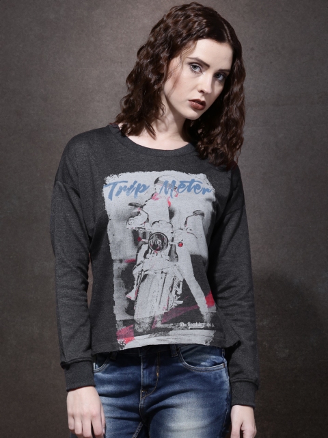 

Roadster Women Charcoal Grey Raw Edge Graphic Print Sweatshirt