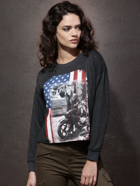 

Roadster Women Charcoal Grey Printed Pullover Sweatshirt