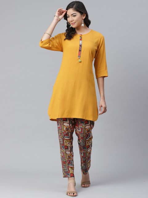 

Shree Women Yellow Liva Solid Kurti with Trousers