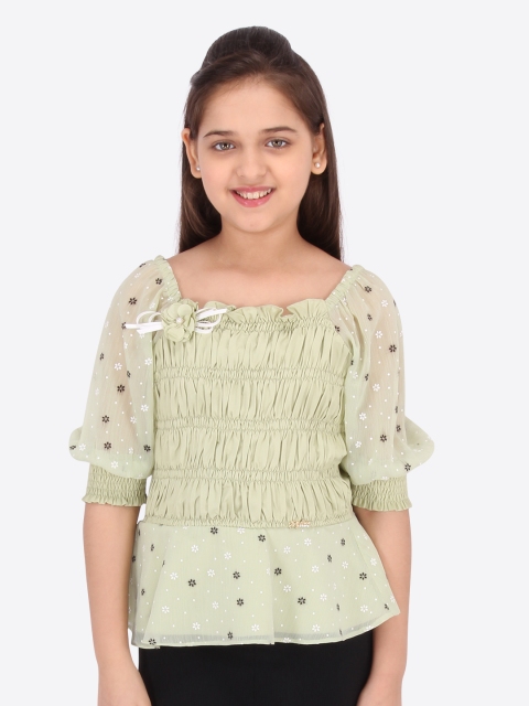 

CUTECUMBER Green Printed Bishop Sleeves Georgette Regular Top