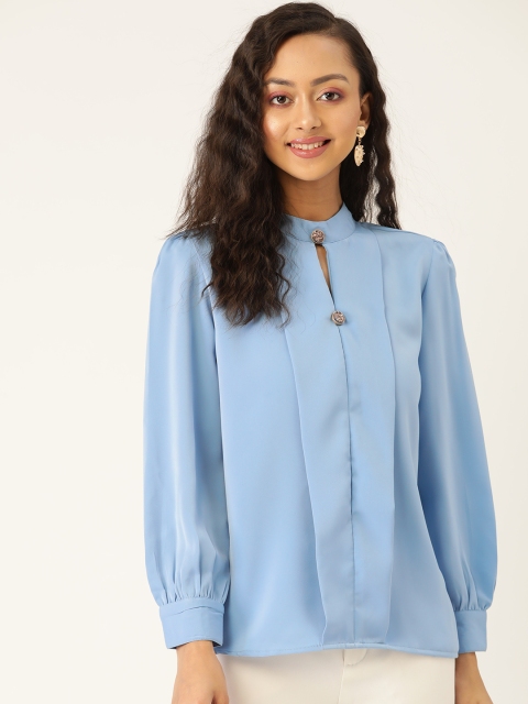 

LABEL REGALIA Women Blue Keyhole Neck Puff Sleeves Pleated Regular Top