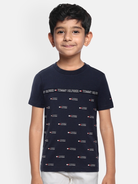 

Tommy Hilfiger Boys Navy Blue Printed LB AOP TAPE Pure Organic Cotton T-shirt