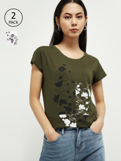 

max Women White & Olive Set of 2 Printed Round Neck T-shirt