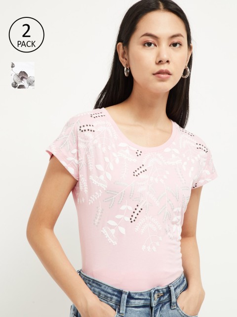 

max Women Pack of 2 White Printed Round Neck T-shirt