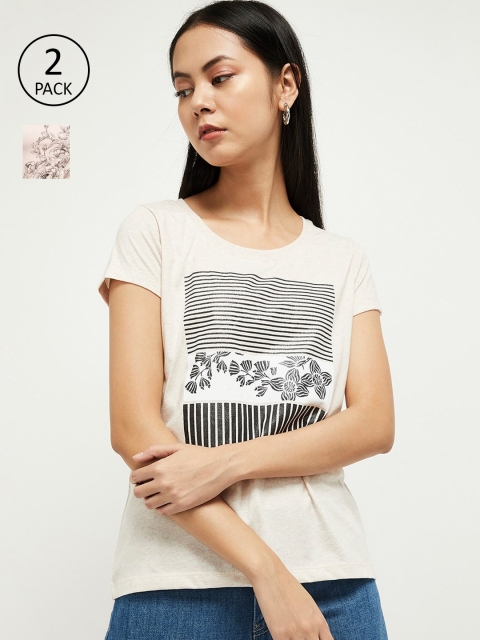 

max Women Pack of 2 Pink Printed Round Neck T-shirt