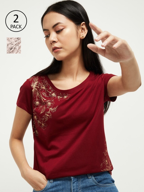 

max Women Pack of 2 Maroon Solid Round Neck T-shirt