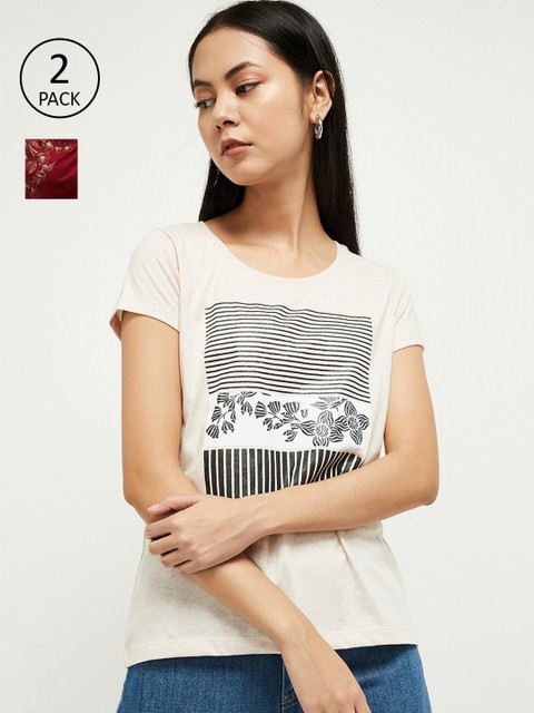 

max Women Pack of 2 Maroon Solid Round Neck T-shirt