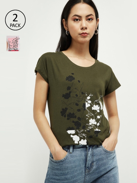 

max Women Pack of 2 Pink Printed Round Neck T-shirt