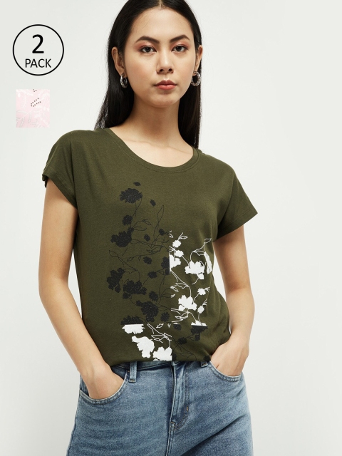 

Max Pack of 2 Pink & Olive Green Floral Printed Pure Cotton Regular Top