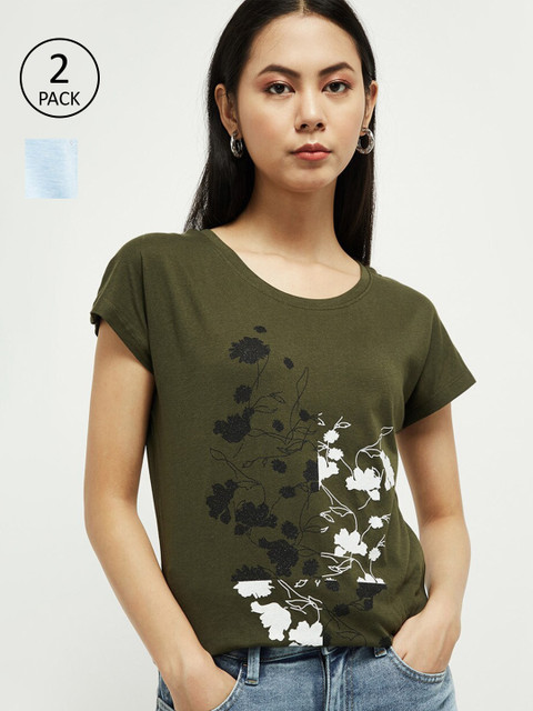 

max Women Olive & Blue Pack of 2 Printed T-shirt
