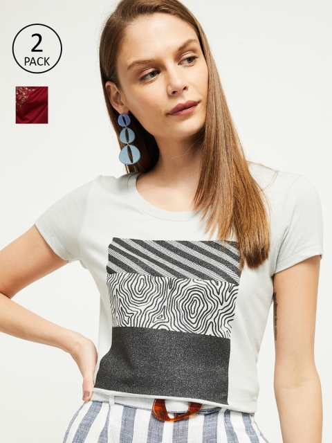 

max Women White & Maroon Set of 2 Printed Round Neck T-shirt