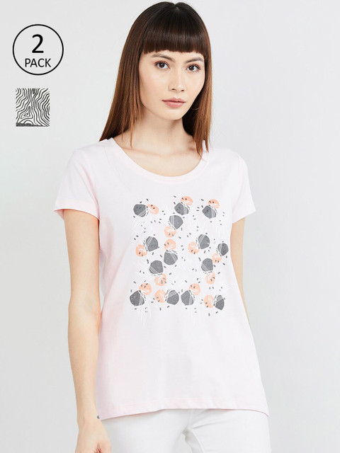 

max Women Pack of 2 White Printed Round Neck T-shirt