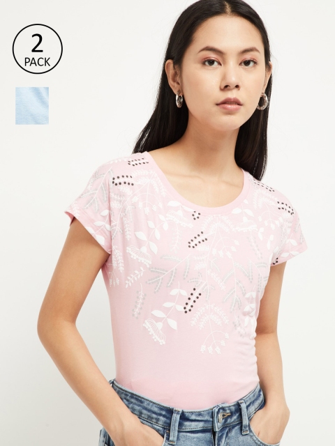 

max Women Pack of 2 Printed Round Neck T-shirts, Pink