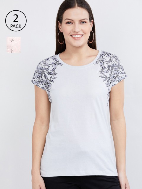 

max Women Pink & White Set of 2 Floral Printed Pure Cotton Regular Top