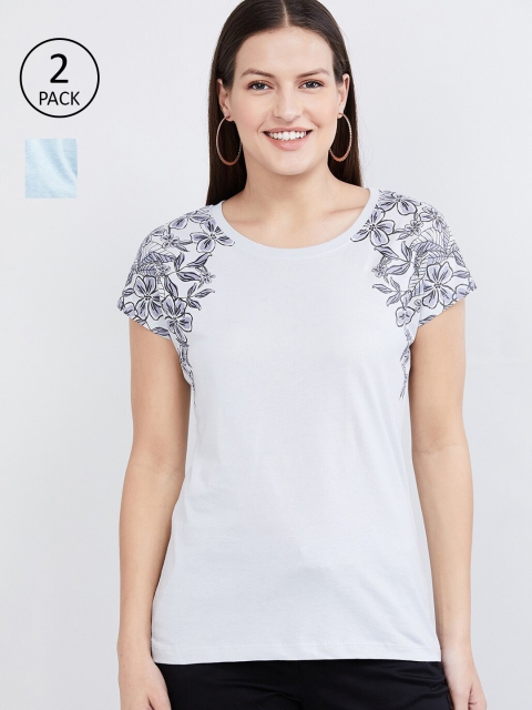 

max Women Off-White & Blue Set of 2 Round Neck T-shirt