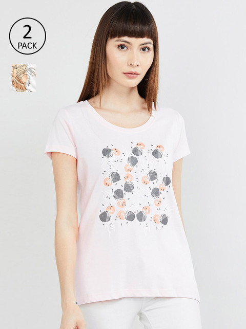 

max Women Pack of 2 White Printed Round Neck T-shirt
