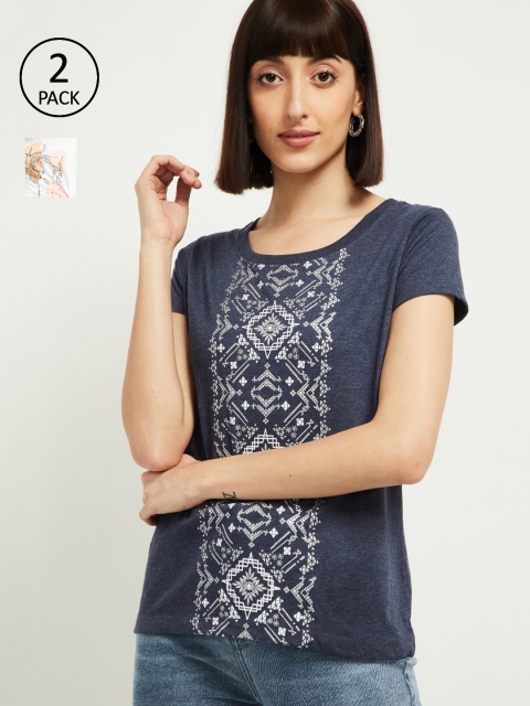 

max Women Pack of 2 White Printed Round Neck T-shirt