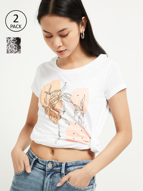 

max Women Pack of 2 White Printed Round Neck T-shirt
