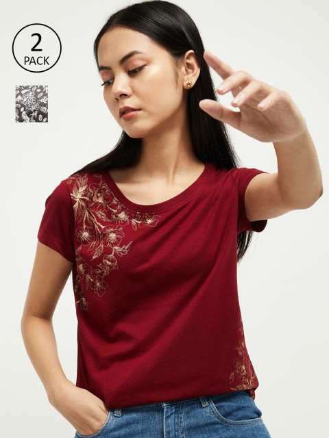 

max Women Pack of 2 Printed Round Neck T-shirts, Maroon