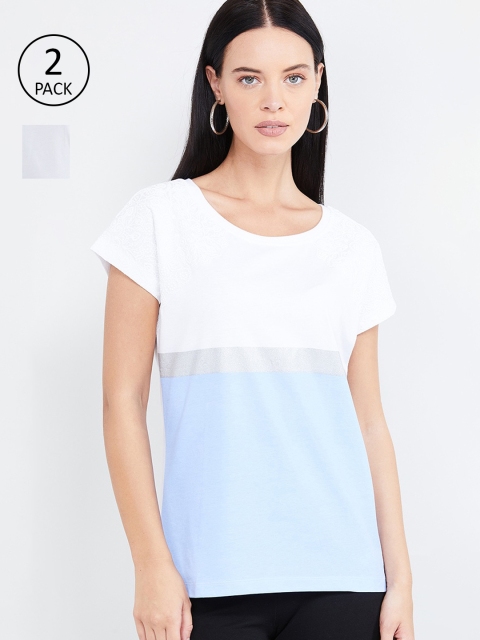 

max Women Pack of 2 Printed Round Neck T-shirts, White
