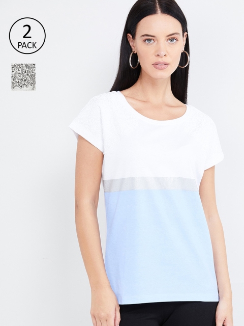 

max Women White & Blue Set of 2 Round Neck T-shirt