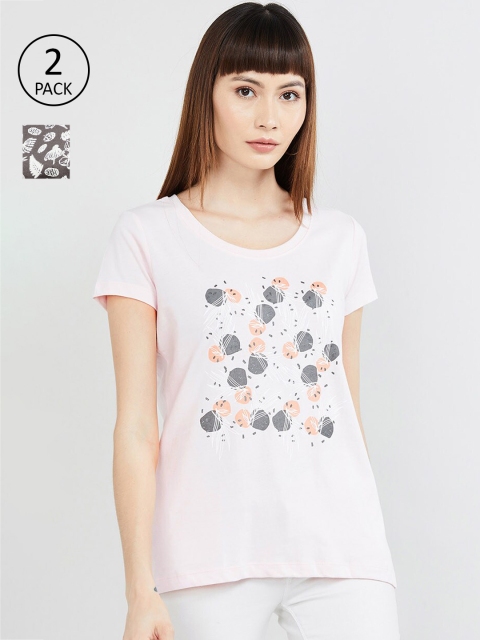 

max Women Grey & Pink Set of 2 Printed Round Neck T-shirt