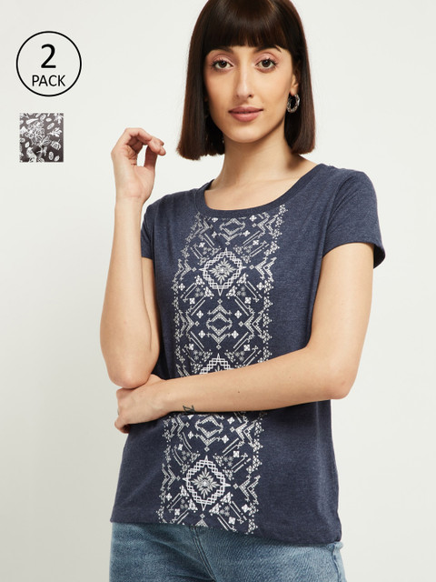 

max Women Pack of 2 Multicoloured Printed Round Neck T-shirt, Multi