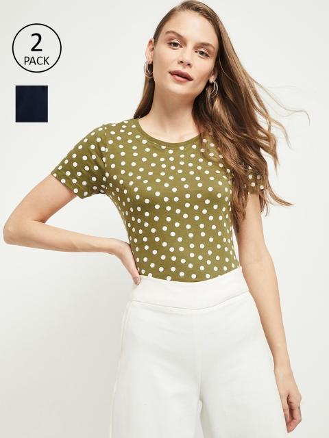 

max Women Pack of 2 Printed Round Neck T-shirts, Navy blue