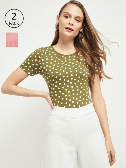 

max Women Pink & Olive Green Set of 2 Regular Top