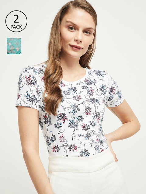 

max Women Pack of 2 White Printed Round Neck T-shirt