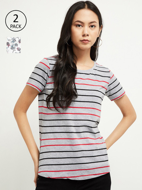 

max Women Pack of 2 Multicoloured Printed Round Neck T-shirt, Multi