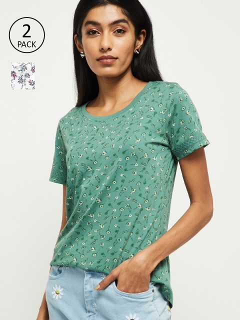 

max Women Pack of 2 Green Printed Round Neck T-shirt