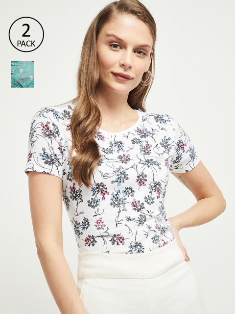 

max Women Teal & White Set of 2 Printed Round Neck T-shirt