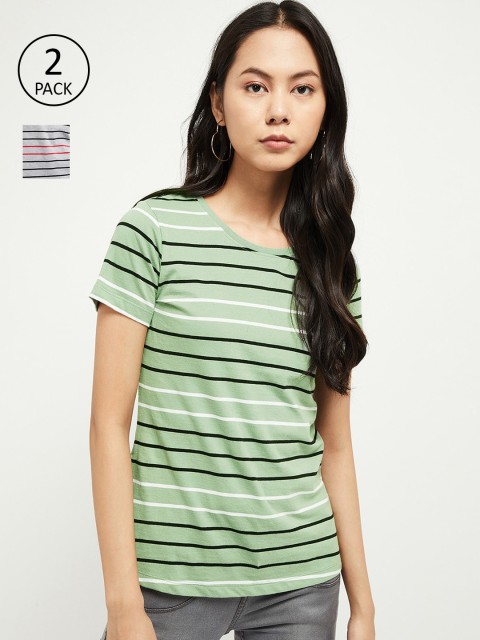 

max Women Pack of 2 Grey Striped Round Neck T-shirt