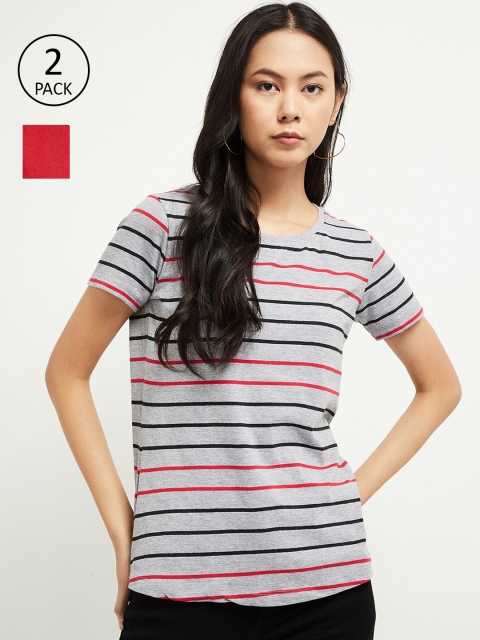 

max Women Pack of 2 Grey Striped Round Neck T-shirt