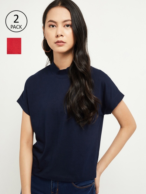 

max Women Pack of 2 Printed Round Neck T-shirts, Navy blue