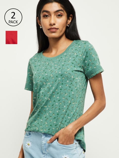 

max Women Pack of 2 Green Self Design Round Neck T-shirt