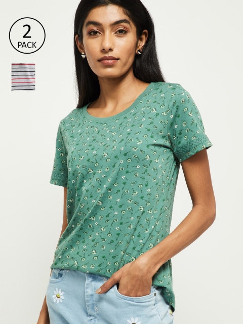 

max Women Pack of 2 Green Striped Round Neck T-shirt
