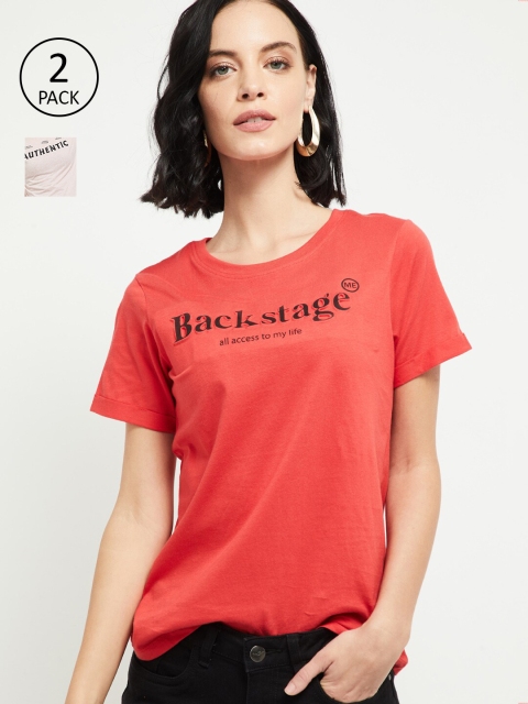 

max Women Orange & Pink Set of 2 Printed Round Neck T-shirt
