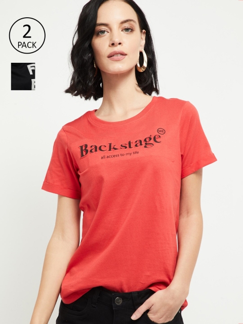 

max Women Pack of 2 Black Printed Round Neck T-shirt