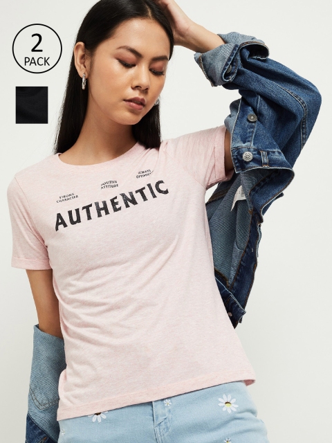 

max Women Pack of 2 Black Printed Round Neck T-shirt
