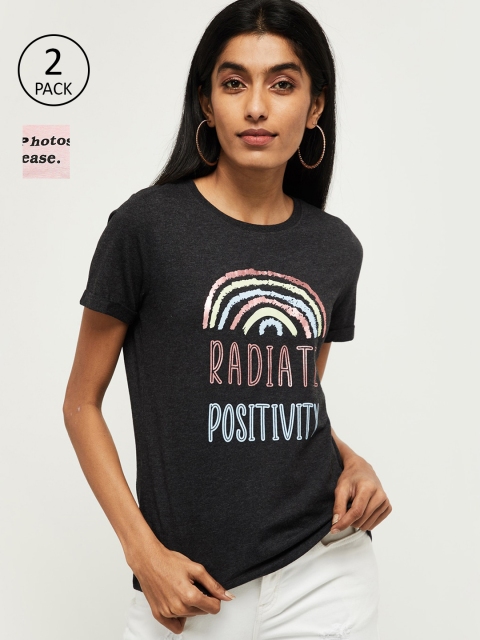 

max Women Pink & Black Set of 2 Printed Round Neck T-shirt