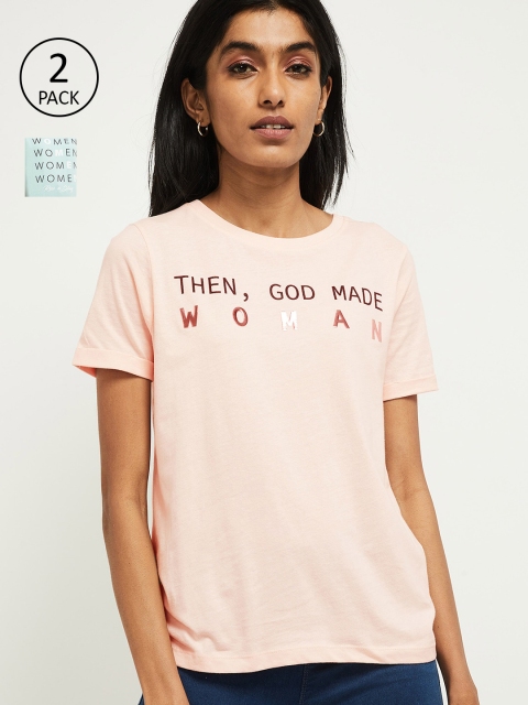 

max Women Pack of 2 Pink Printed Round Neck T-shirt