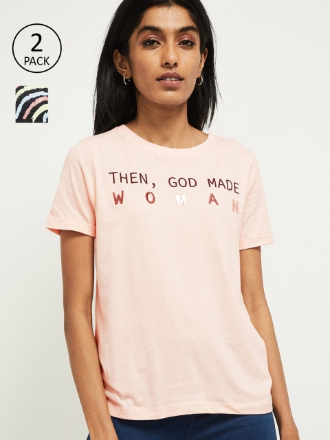 

max Women Pink & Black Set of 2 Printed Round Neck T-shirt