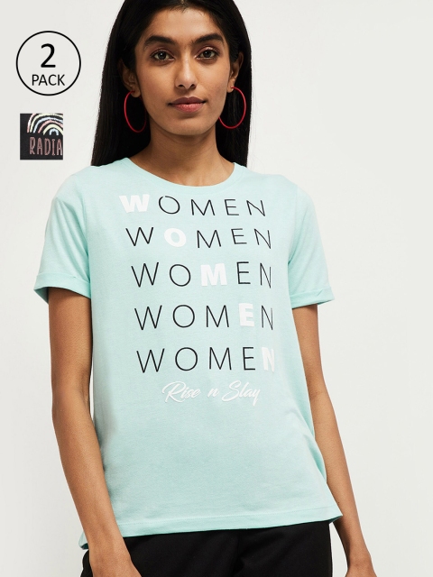

max Women Pack of 2 Blue Printed Boat Neck T-shirt