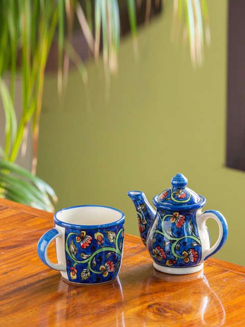 

ExclusiveLane Blue & White Handpainted Ceramic Mug & Kettle Set