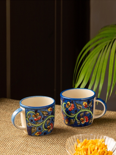 

ExclusiveLane Blue Set of 2 Hand-Painted Microwave Safe Ceramic Mugs