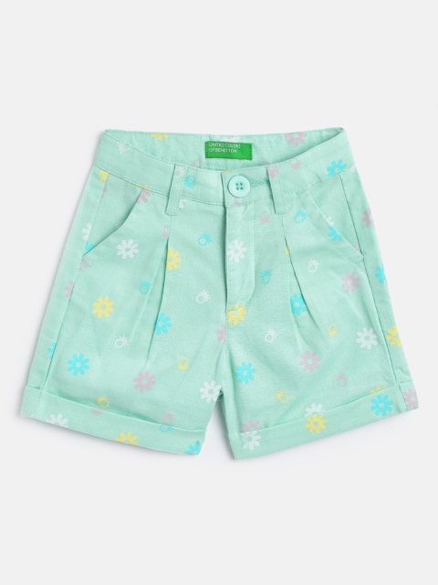 

United Colors of Benetton Girls Sea Green & Pink Floral Printed Regular Fit Shorts