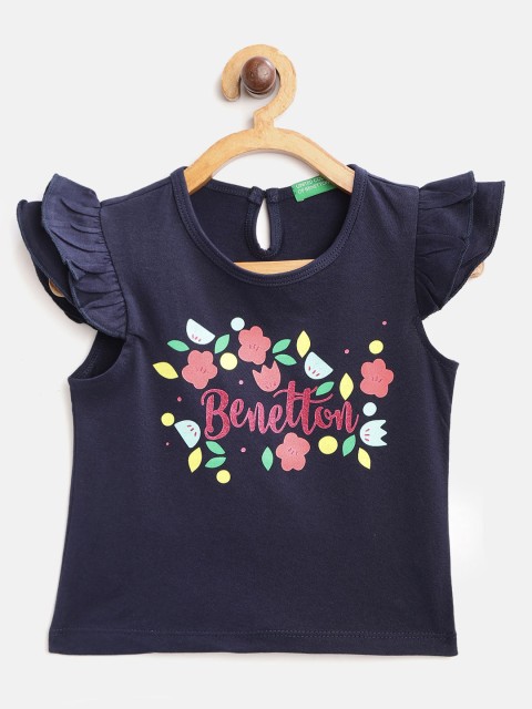 

United Colors of Benetton Girls Navy Blue & Pink Printed Pure Cotton Flutter Sleeves Top