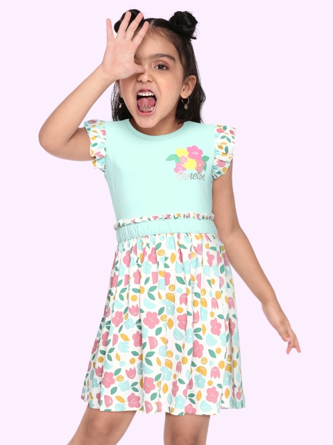 

United Colors of Benetton Girls Blue & White Pure Cotton Floral Fit & Flare Dress